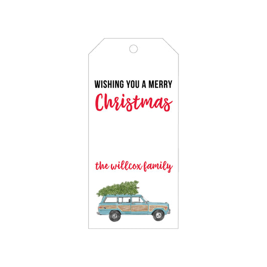 CAR WITH CHRISTMAS TREE PERSONALIZED HOLIDAY GIFT TAGS